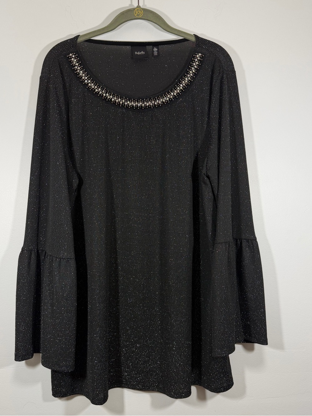 Rafaella Black Glitter Bell-Sleeve Scoop Neck Top with Beaded Trim